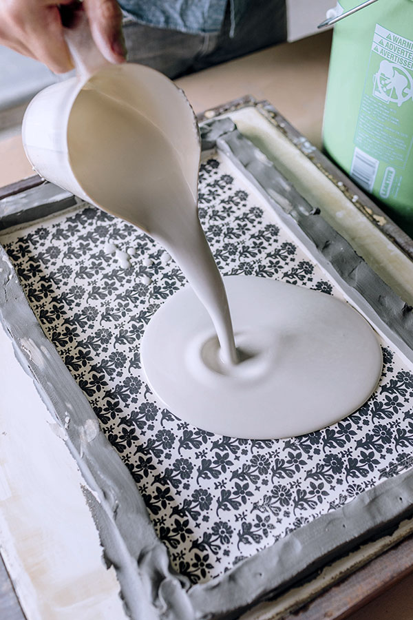 5 Pour the slip to the thickness that you would like for your tile or slab, and then let it set up until the slip feels firm enough to release from the plaster slab.