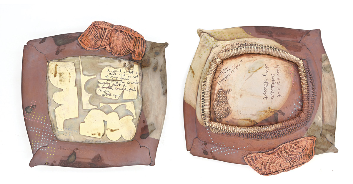 Dehmie Dehmlow's Textured platter (front and back), red clay, terra sigillatas, red iron oxide wash, borax wash, Mayco Stroke & Coat glazes, cone-6 glaze, fired in oxidation to cone 6.