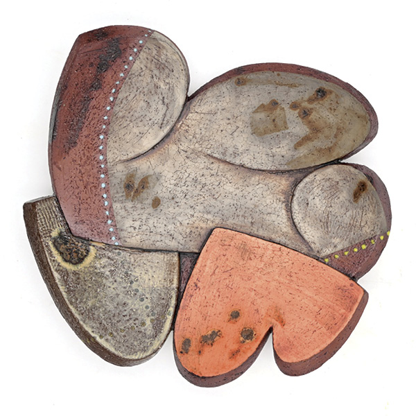 Dehmie Dehmlow's Chunky Funky Platter (front), red clay, terra sigillatas, red iron oxide wash, borax wash, Mayco Stroke & Coat glazes, cone-6 glaze, fired in oxidation to cone 6.