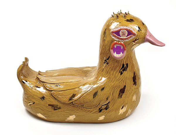 4 Emily Counts' Duck Witch, 17½ in. (44.5 cm) in length, glazed stoneware, gold luster, lighting components, 2024.