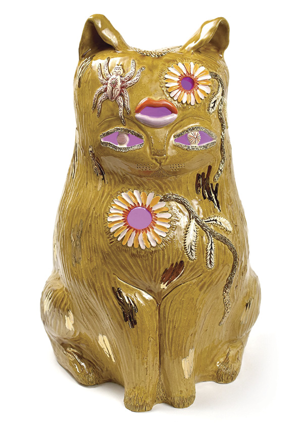 7 Emily Counts' Spider Thoughts Familiar, 16 in. (40.6 cm) in height, glazed stoneware, gold luster, lighting components, 2024.