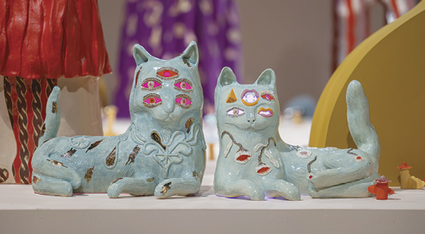 11 Emily Counts' Mysteries Familiar and Winter Familiar, 14 in. (35.6 cm) in width (each), glazed stoneware, gold luster, lighting components, 2024. Photo: Mario Gallucci.
