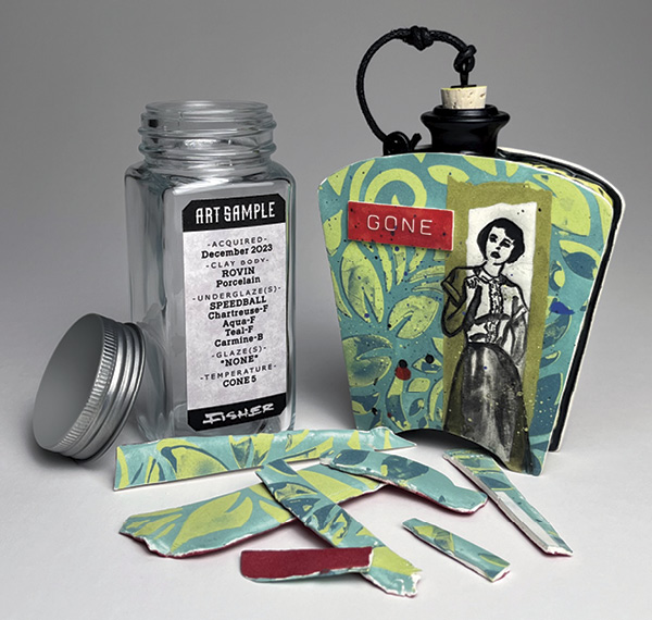 Frank James Fisher’s GONE, 41/2 in. (11.4 cm) in height, slab-built porcelain, glazes, underglazes, fired in oxidation to cone 6, cork, cord, metal eyelet, 2024.