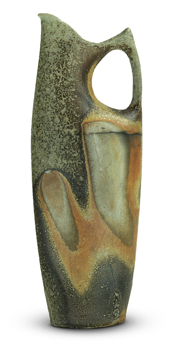 Water pitcher, 13 in. (34 cm) in height, test clay body, slip, fired to cone 10 in a heavily reduced area in a soda kiln, reduction cooled.