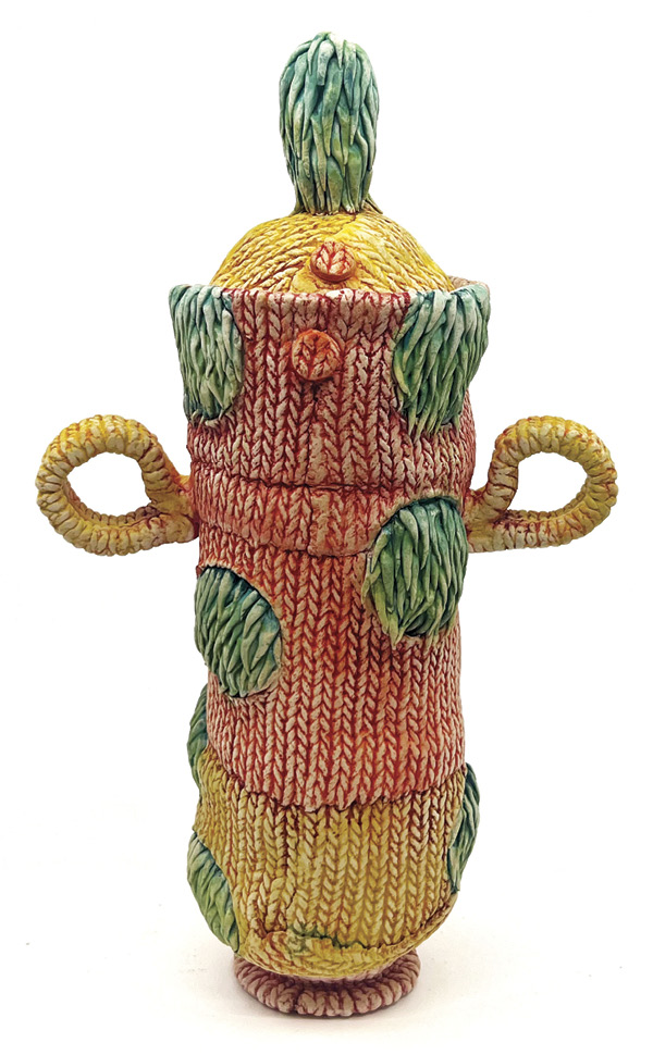 Lindsay Langsdale's Tall Lidded Jar with Hair, 16 in. (40.6 cm) in height, tinted porcelain, glaze, Mason stain washes, 2024.