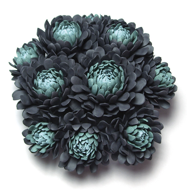 Linda Southwell's Wall Flower After Aeoniums, black porcelain, porcelain, body stains, 2019.