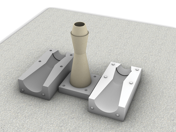E Configuration with three separate mold parts (disassembled).