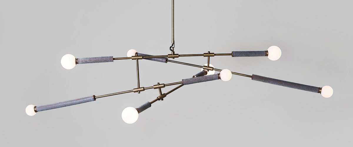 Pax Lighting's The Ayr Ceiling Fixture in light aged brass and azure lichen glazed terra cotta.