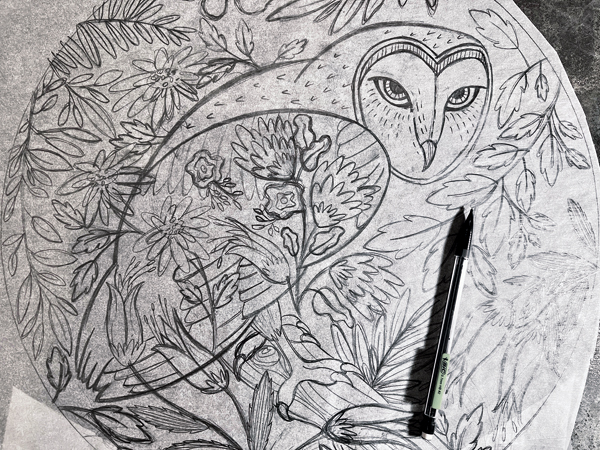 1 Make a compositional drawing on tracing paper, reworking and editing with patches.