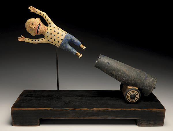 10 Wesley Anderegg's Human Cannonball, 23 in. (58.4 cm) in width, clay, wood, steel, 2023.