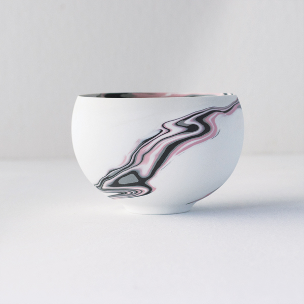 5 Nerikomi chawan (front view), 5 1/8 in. (13 cm) in diameter, porcelain, fired to cone 7, 2023.