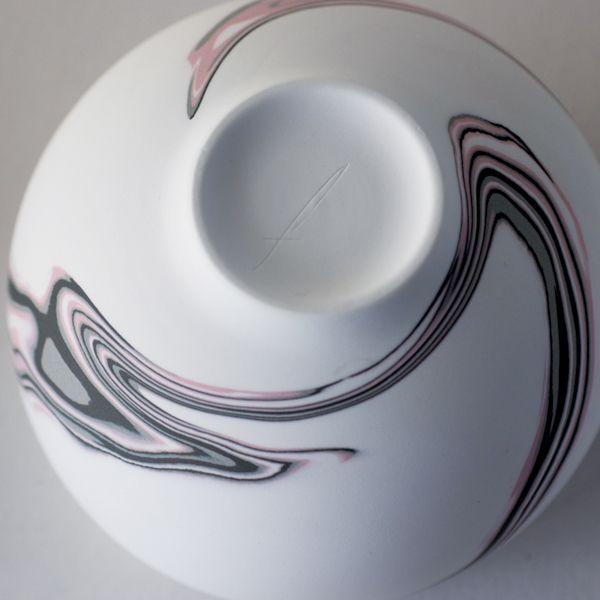 6 Nerikomi chawan (bottom view), 5 1/8 in. (13 cm) in diameter, porcelain, fired to cone 7, 2023.