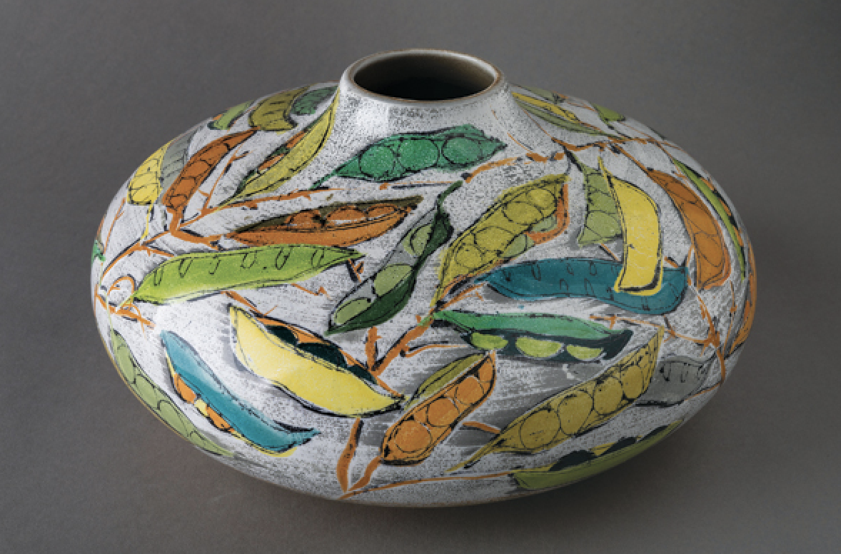 Ellipsoid Vase with pea pods design, 38 in. (97 cm) in diameter, slip-cast earthenware, majolica, zircon glaze. Photo: Alex Brattell.