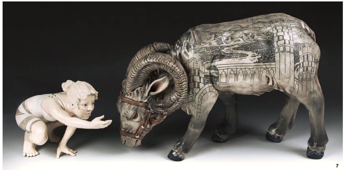 7 Undoing, 36 in. (91 cm) in length, porcelain, slip, underglaze, luster, 2018.